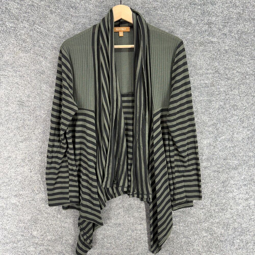 Ellen Tracy Cardigan Women XL Gray Striped Open Front Long Sleeve Rayon Knit